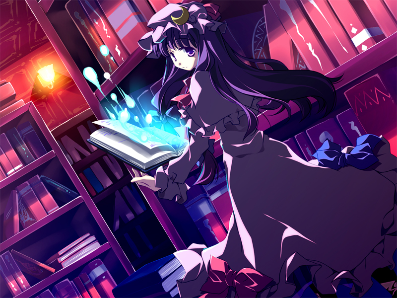 motomiya mitsuki, patchouli knowledge, touhou, 1girl, book, capelet, female focus, floating, floating object, hat, library, long hair, looking back, magic, open book, purple eyes, purple hair, robe, solo, voile