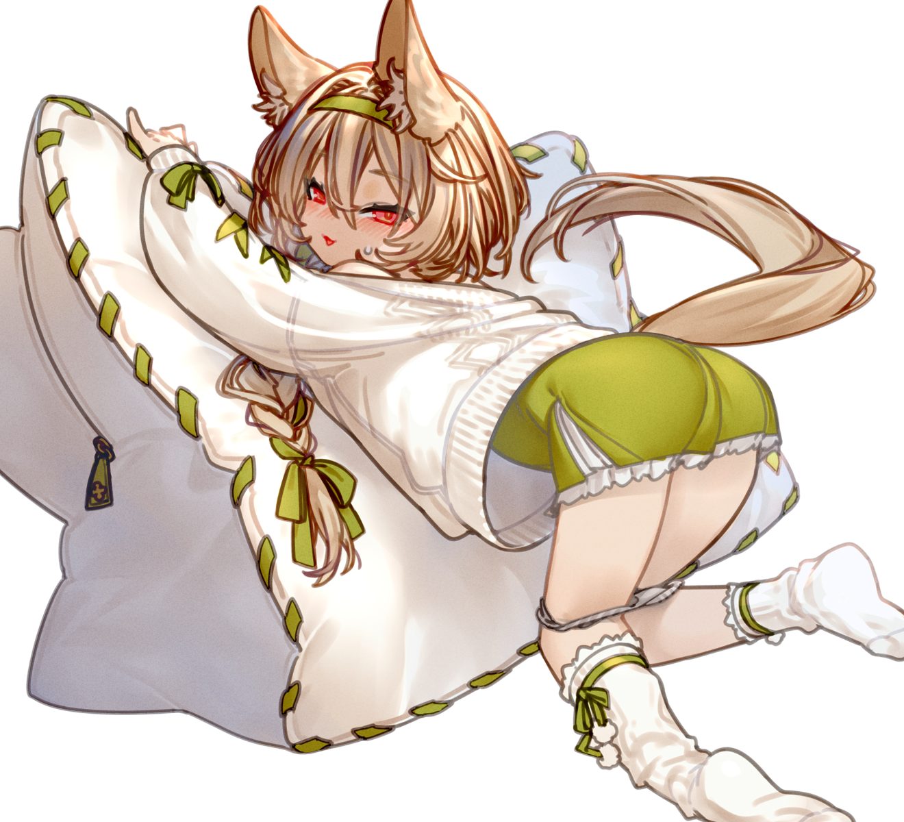 kochiya (gothope), beanstalk (arknights), arknights, highres, 1girl, animal ear fluff, brown hair, green hairband, hair between eyes, hairband, hyena ears, hyena girl, hyena tail, kneeling, looking at viewer, off-shoulder sweater, off shoulder, open mouth, panties, panty pull, red eyes, short hair, solo, sweater, underwear, white background, white sweater