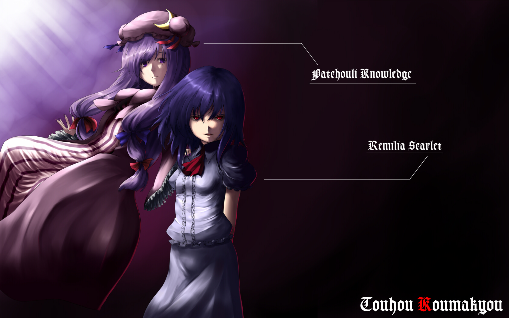 hiroya juuren, patchouli knowledge, remilia scarlet, touhou, highres, 2girls, blue hair, character name, copyright name, female focus, hair ribbon, hat, long hair, multiple girls, no headwear, purple eyes, purple hair, red eyes, ribbon, short hair, vampire