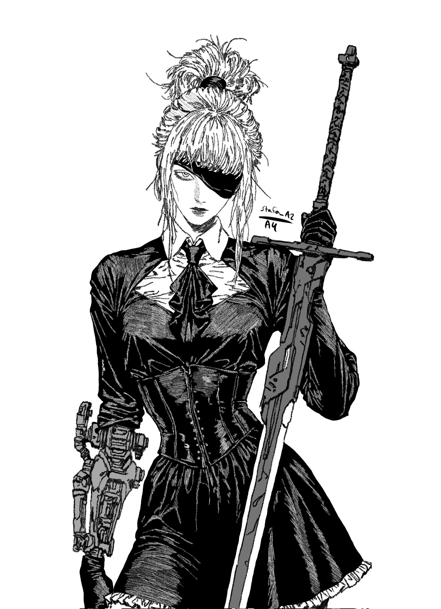 a4 (yorha), yorha, nier:automata, nier (series), highres, 1girl, android, ascot, black dress, character name, corset, dress, eyepatch, gloves, greyscale, looking at viewer, monochrome, ponytail, ribbon, simple background, solo, stafa, sword, upper body, weapon, white background, white hair