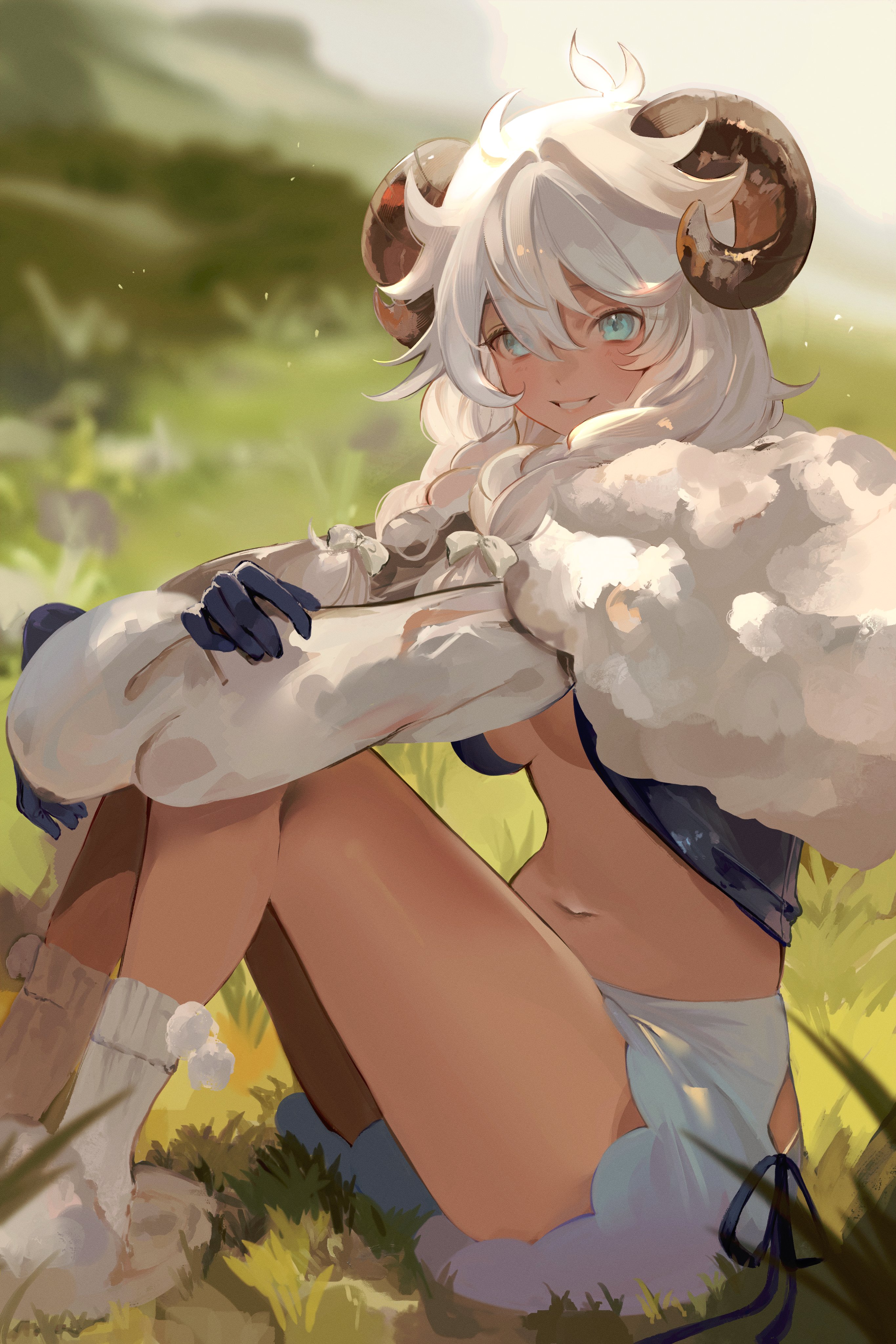 original, absurdres, commentary, highres, symbol-only commentary, 1girl, blue eyes, blue shorts, blurry, blurry background, braid, depth of field, grass, grin, horns, long hair, looking at viewer, navel, sheep girl, sheep horns, shorts, sitting, slippers, smile, socks, solo, tea (teahrii), twin braids, white hair, white slippers, white socks