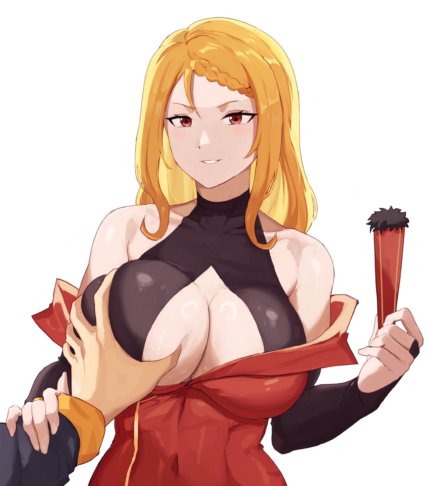 akihitoevon, natsuki subaru, priscilla barielle, re:zero kara hajimeru isekai seikatsu, highres, 1boy, 1girl, assertive female, bare shoulders, black bridal gauntlets, black jacket, black shirt, blonde hair, braid, braided bangs, breasts, bridal gauntlets, center opening, collarbone, colored inner hair, covered navel, deep skin, dress, elbow gloves, folding fan, gloves, grabbing another's breast, groping, guided breast grab, guiding hand, hand fan, hetero, holding, holding another's wrist, holding fan, jacket, large breasts, long hair, looking at viewer, multicolored hair, off-shoulder dress, off shoulder, orange hair, pov, pov hands, red dress, red eyes, shirt, simple background, smirk, solo focus, track jacket, undershirt, upper body, white background
