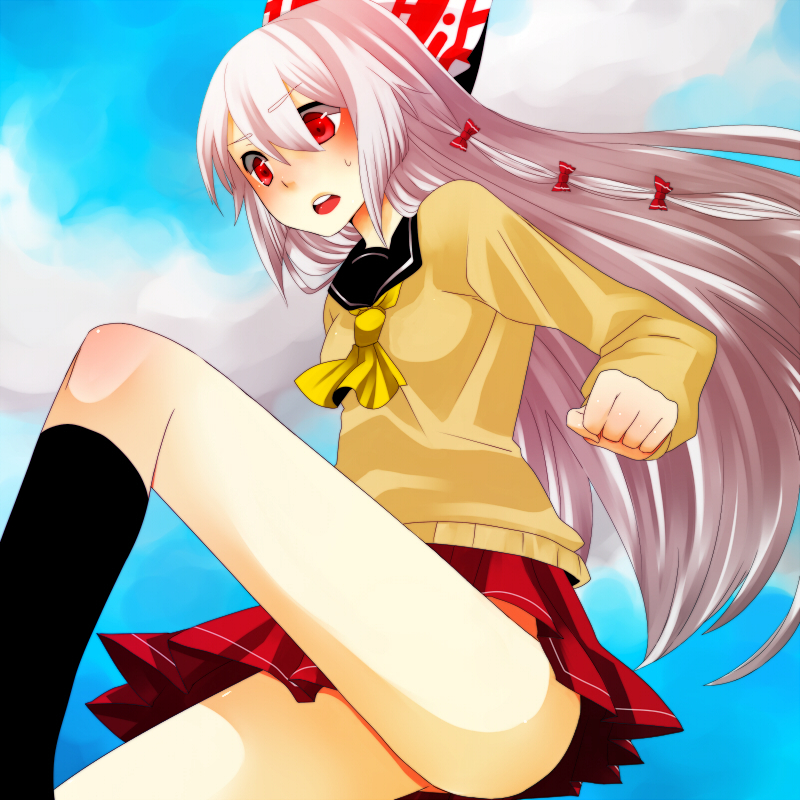 yutazou, fujiwara no mokou, touhou, silver hair, bad id, bad pixiv id, 1girl, alternate costume, blush, bow, contemporary, day, female focus, hair bow, long hair, multiple hair bows, red eyes, school uniform, sky, solo, thighs