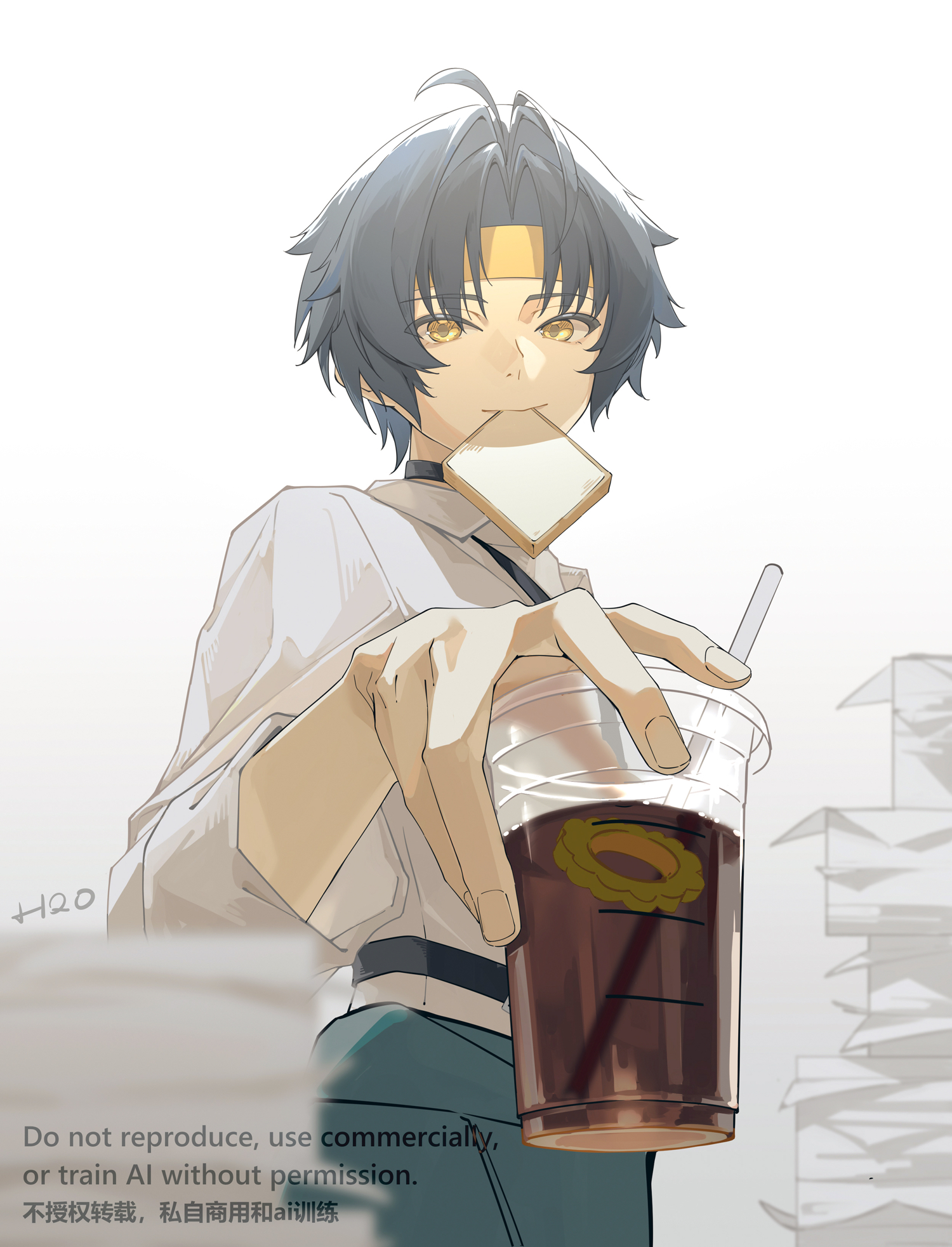 bingzhen h2o, asaba harumasa, zenless zone zero, commentary request, highres, 1boy, artist name, black choker, black hair, black necktie, blurry, blurry foreground, bread, bread slice, choker, clothes around waist, cup, drinking straw, food, food in mouth, headband, holding, holding cup, looking at viewer, male focus, necktie, paper stack, parted bangs, shirt, short hair, simple background, sleeves rolled up, solo, upper body, white background, white shirt, yellow eyes, yellow headband