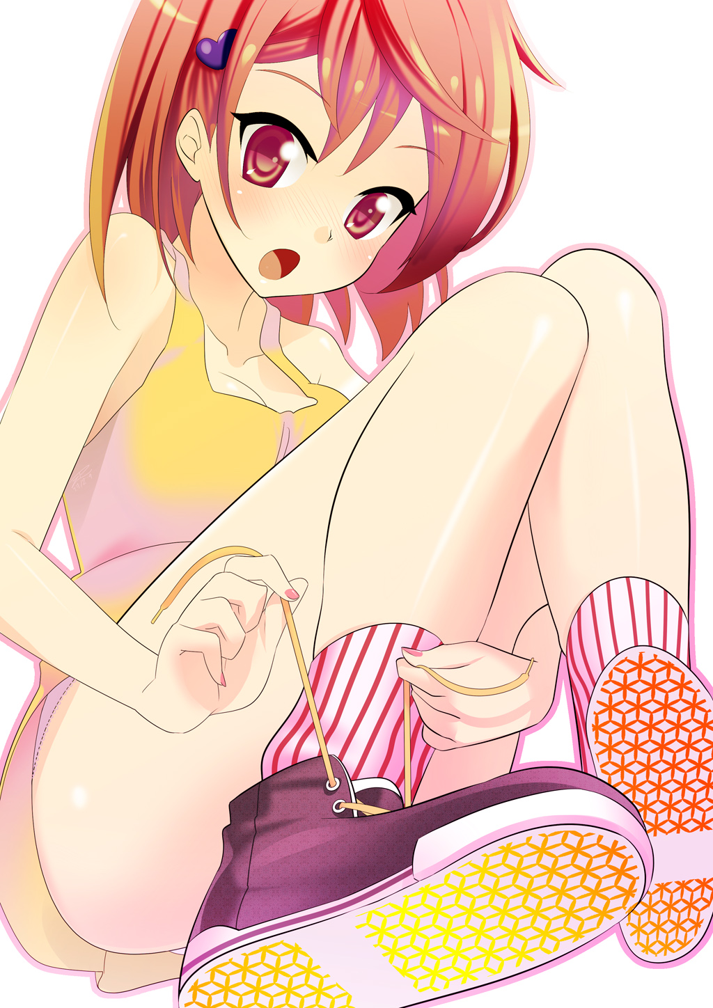 zpolice, original, bad id, bad pixiv id, highres, 1girl, :o, bare shoulders, blush, collarbone, female focus, hair ornament, laces, nail polish, pink nails, red eyes, red hair, shoes, short hair, sneakers, socks, solo, striped clothes, striped socks, tank top, tying, vertical-striped clothes, vertical-striped socks
