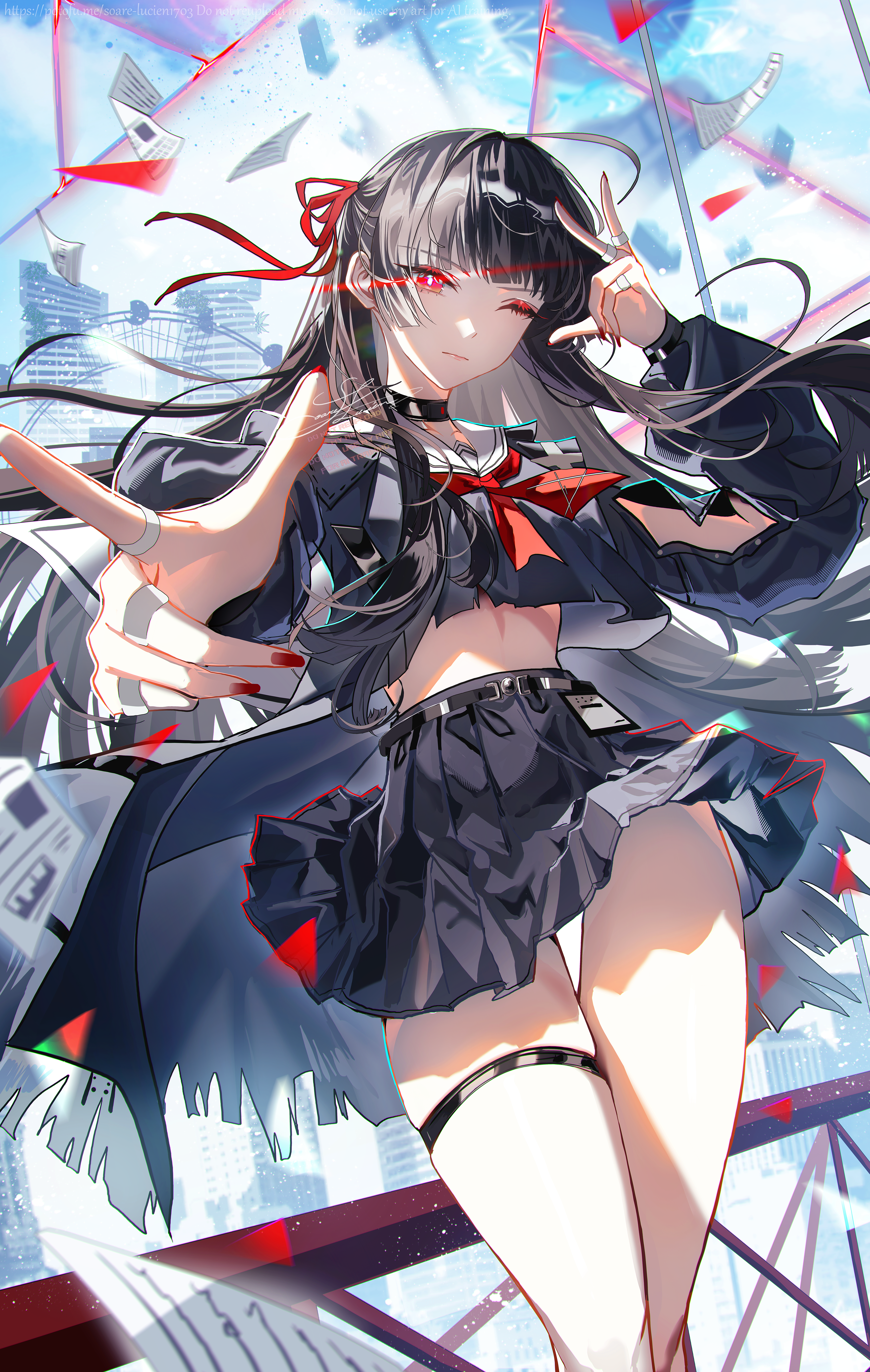 soare lucien, chisa (wuthering waves), wuthering waves, absurdres, commentary, commentary request, english commentary, highres, mixed-language commentary, 1girl, black choker, black hair, black jacket, black serafuku, black shirt, black skirt, blue sky, choker, closed mouth, crop top, day, fingernails, hair ribbon, hand up, jacket, looking at viewer, nail polish, neckerchief, one eye closed, outdoors, paper, red eyes, red nails, red neckerchief, red ribbon, ribbon, sailor collar, school uniform, serafuku, shirt, skirt, sky, solo, thigh gap, thigh strap, thighs, white sailor collar