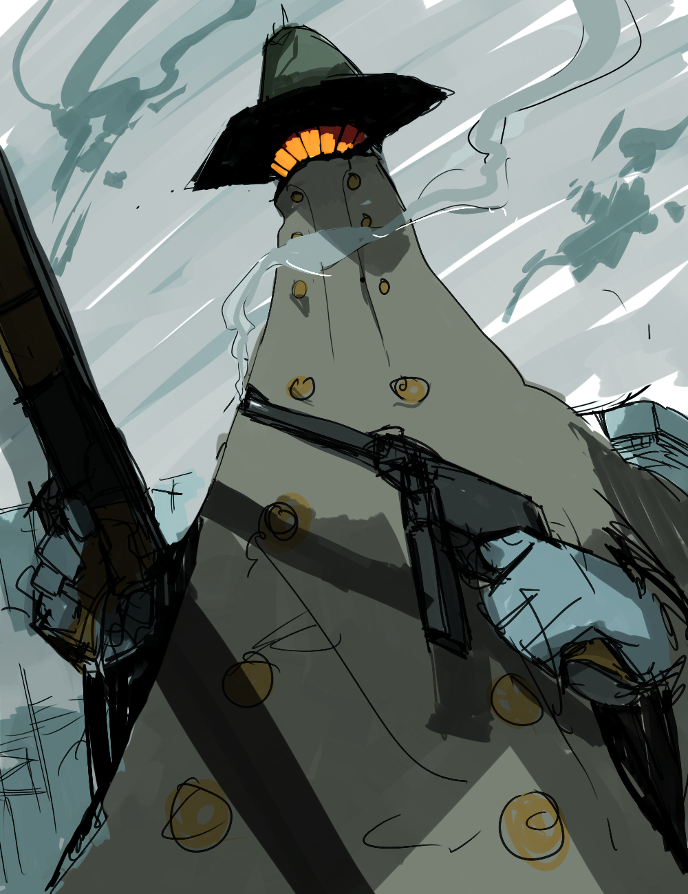 un-known (ninesix), flcl, bad id, bad pixiv id, highres, 00s, coat, dual wielding, gun, hands on own hips, hat, holding, no humans, sketch, smoke, smoking barrel, trench coat, weapon