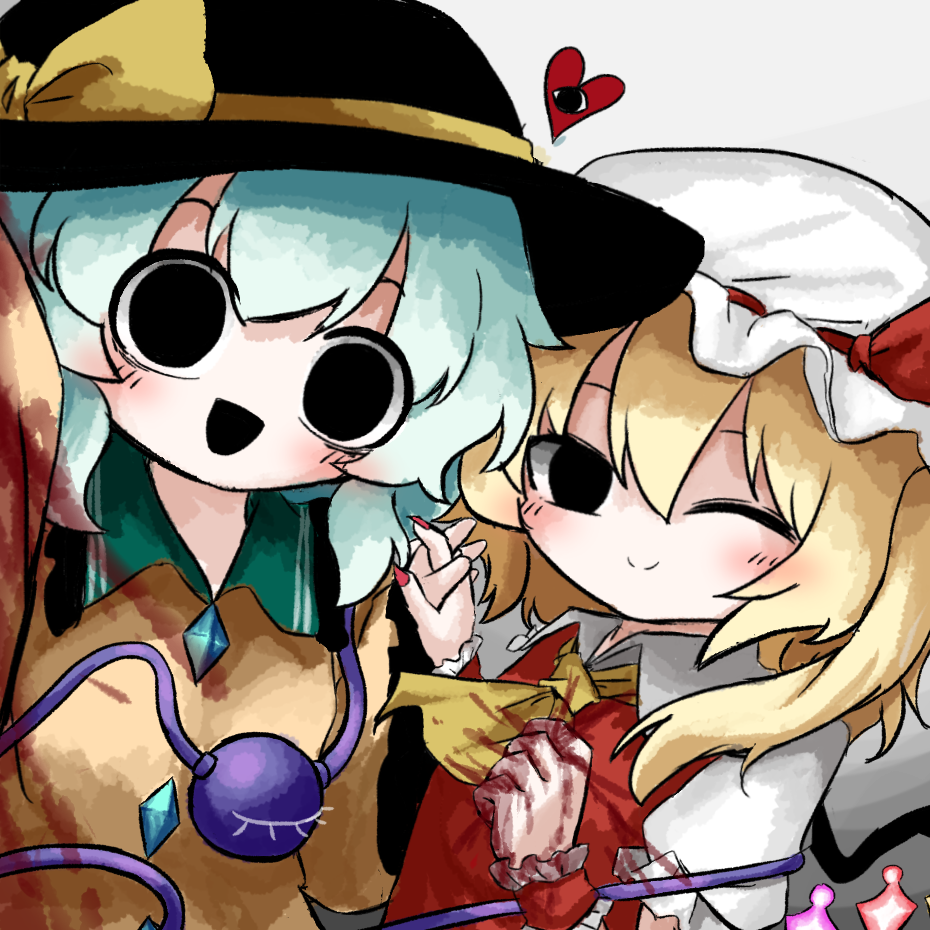 heripantomorrow, flandre scarlet, komeiji koishi, touhou, 2girls, :d, ascot, black eyes, black hat, blonde hair, blood, blood on clothes, blood on hands, blush, bow, buttons, collared shirt, crushing, crystal wings, diamond button, frilled shirt collar, frilled wrist cuffs, frills, green hair, grey background, hat, hat bow, hat ribbon, heart, holding hands, interlocked fingers, medium hair, mob cap, multiple girls, one eye closed, open mouth, pink nails, raised eyebrows, red ribbon, red vest, ribbon, shirt, smile, vest, white background, white hat, white shirt, wings, wrist cuffs, yellow ascot, yellow bow, yellow shirt