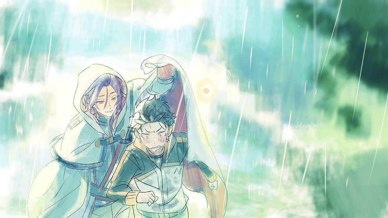 harusabin, julius juukulius, natsuki subaru, re:zero kara hajimeru isekai seikatsu, 2boys, black hair, blush, cloak, closed eyes, hair slicked back, hood, hood up, jacket, long sleeves, male focus, multiple boys, open mouth, outdoors, purple hair, rain, short hair, smile, spirit, track jacket, yaoi