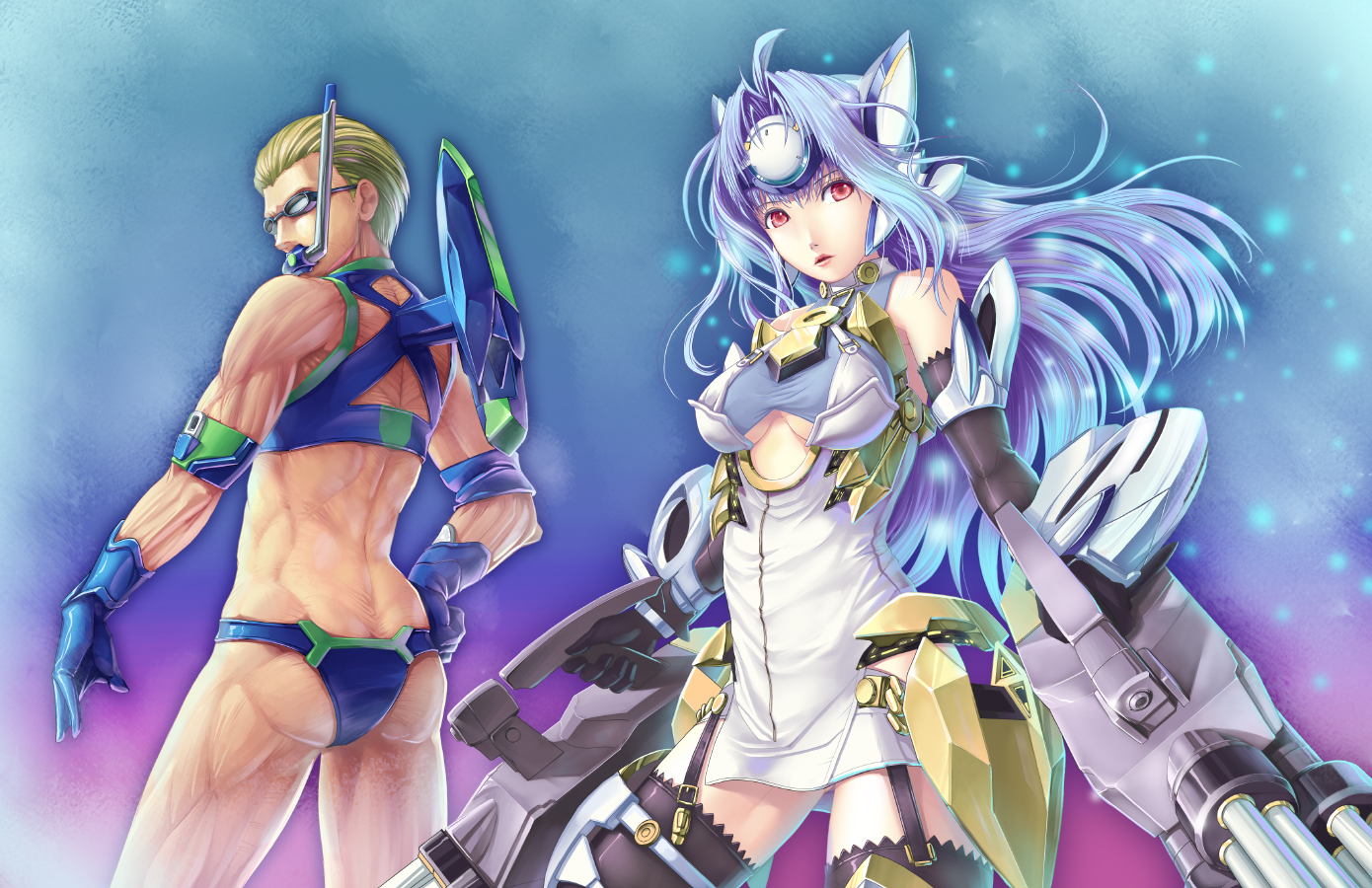 hi-ho-, kos-mos, kos-mos ver. 4, ziggy, xenosaga, xenosaga episode iii, 00s, 1boy, 1girl, ass, blonde hair, blue hair, breasts, dual wielding, elbow gloves, garter belt, gloves, goggles, holding, large breasts, long hair, looking at viewer, muscular, red eyes, snorkel, swimsuit, thighhighs, underboob, weapon, what