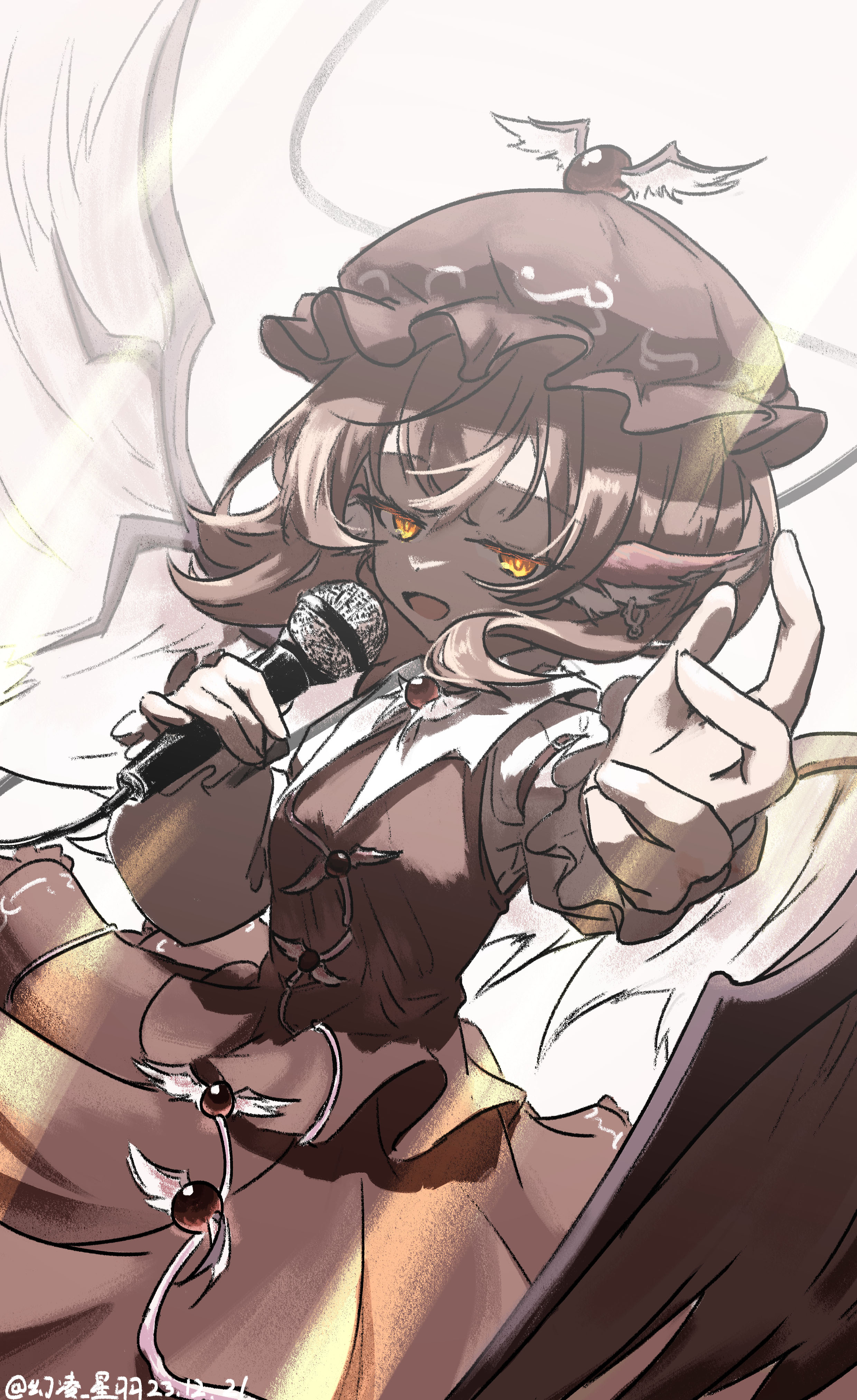 ve1024, mystia lorelei, touhou, absurdres, commentary, highres, 1girl, animal ears, bird girl, bird wings, breast curtains, dated, foreshortening, frilled hat, frilled sleeves, frills, hat, holding, holding microphone, light rays, long sleeves, looking at viewer, microphone, music, one-hour drawing challenge, shirt, short hair, simple background, singing, skirt, skirt set, solo, vest, white background, white shirt, wing ears, wing hat ornament, wing ornament, wings