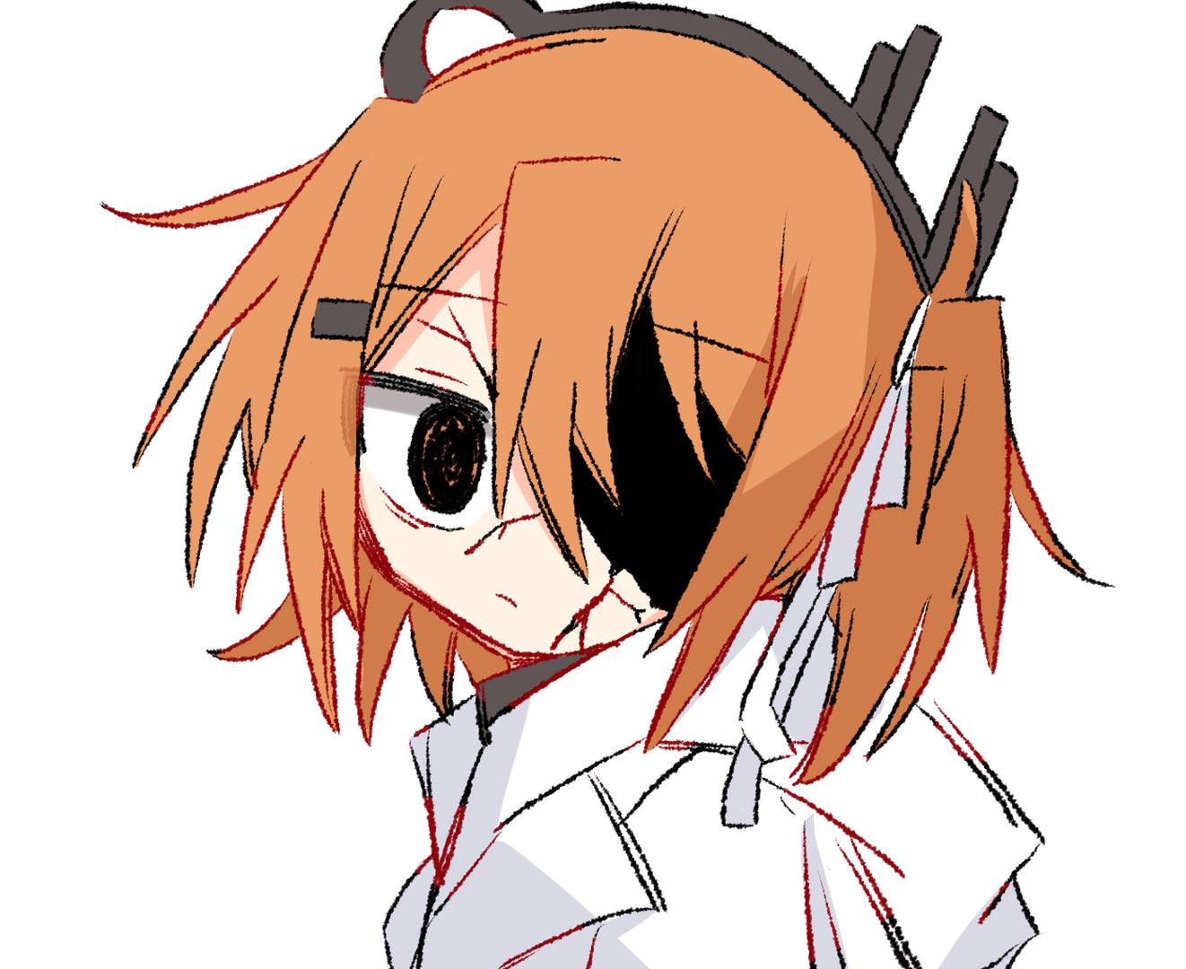 ganbaritaina 07, adachi rei, a.i. voice, utau, 1girl, closed mouth, cracked skin, from side, looking at viewer, looking to the side, one side up, orange hair, portrait, simple background, solo