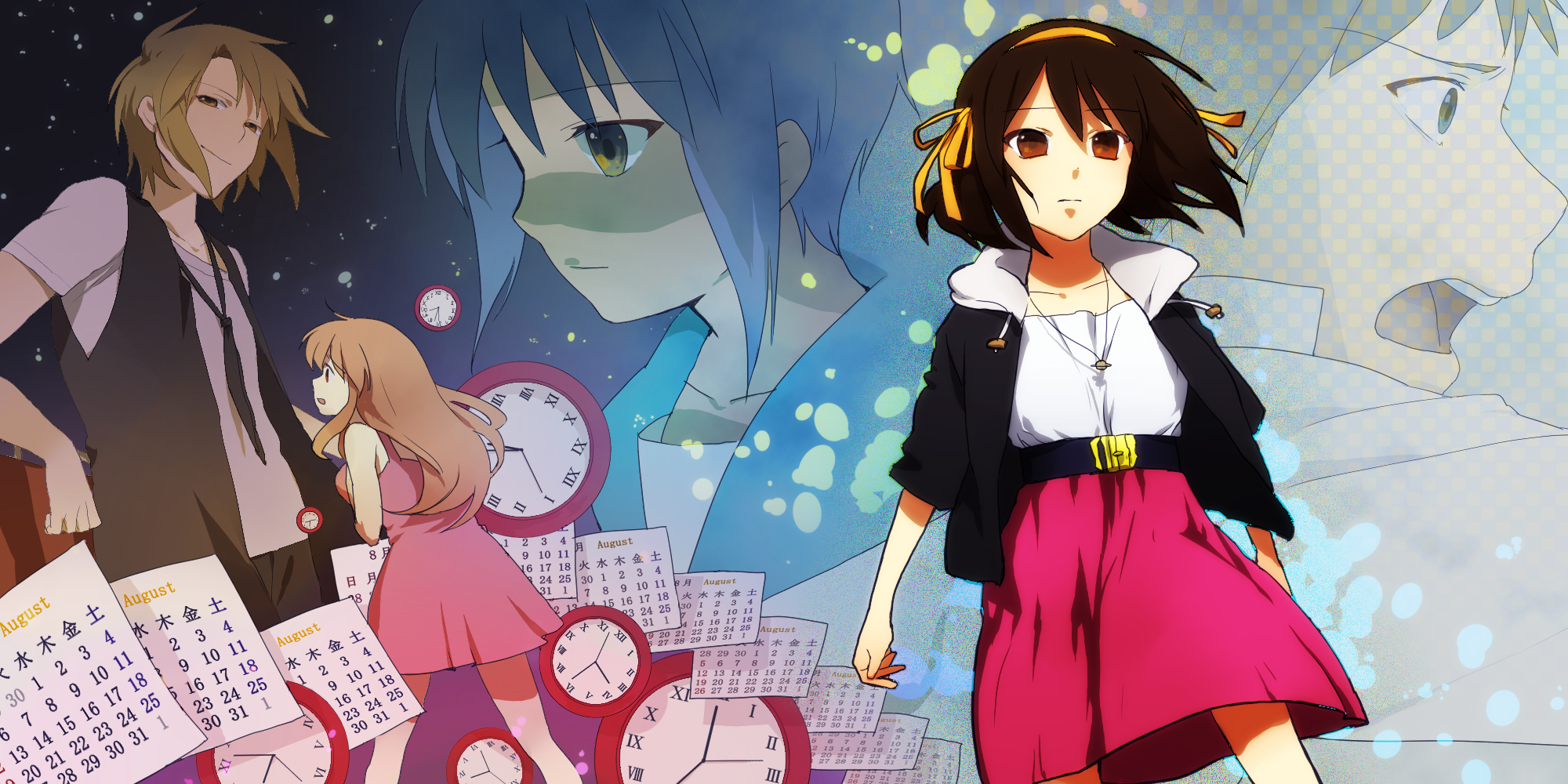 noco (adamas), asahina mikuru, koizumi itsuki, kyon, nagato yuki, suzumiya haruhi, suzumiya haruhi no yuuutsu, bad id, bad pixiv id, highres, 00s, 2boys, 3girls, calendar, calendar (object), casual, clock, multiple boys, multiple girls