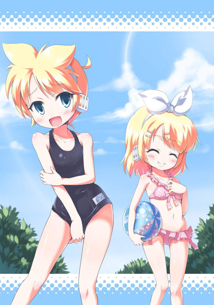 morujii, kagamine len, kagamine rin, vocaloid, bad id, bad pixiv id, highres, 1boy, 1girl, ball, beachball, bikini, blonde hair, blue eyes, brother and sister, closed eyes, crossdressing, day, frilled bikini, frills, headphones, one-piece swimsuit, school swimsuit, siblings, swimsuit, trap, twins
