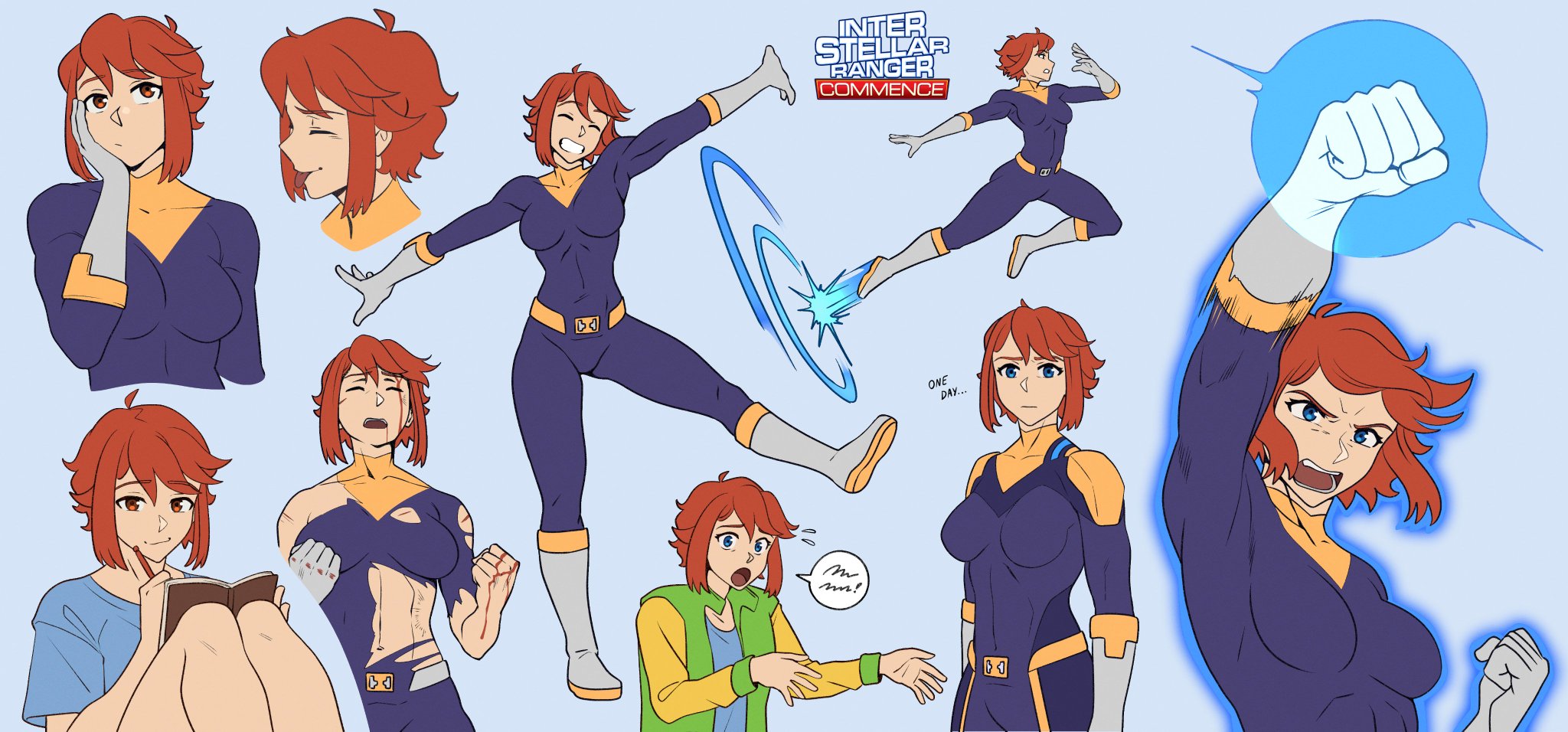 maudrawz, hope griffin (browntable), 1girl, bodysuit, open mouth, red eyes, red hair, smile, solo, torn clothes