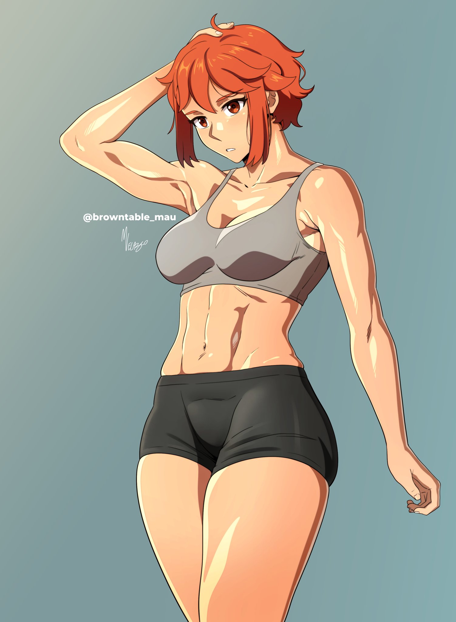 maudrawz, hope griffin (browntable), 1girl, abs, blush, gym shorts, looking at viewer, muscular, muscular female, red eyes, red hair, shiny skin, short hair, shorts, solo, sports bra