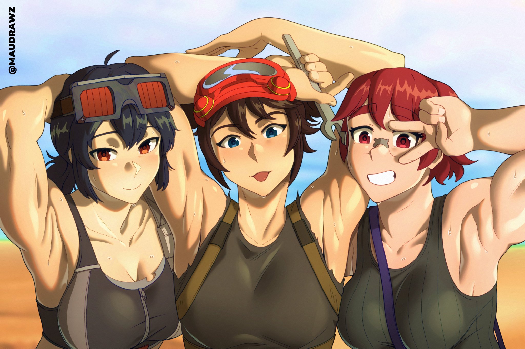 maudrawz, grace howard, zenless zone zero, 3girls, black hair, blue eyes, breasts, brown hair, cleavage, looking at viewer, multiple girls, red eyes, red hair, smile, tank top, v, wrench