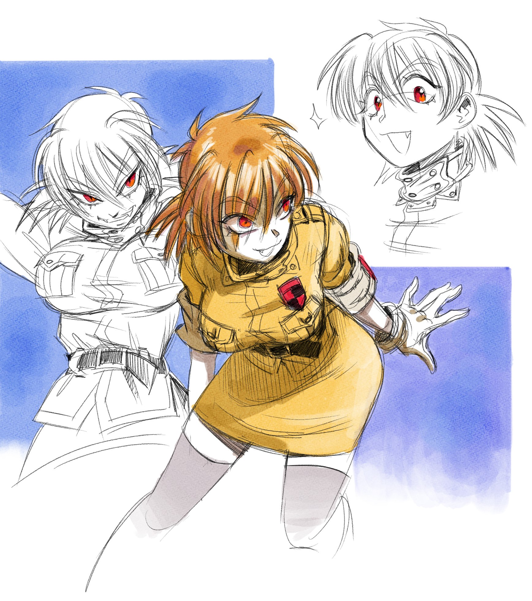 fancyrook, seras victoria, hellsing, highres, 1girl, belt, blonde hair, breast pocket, breasts, gloves, large breasts, military uniform, miniskirt, multiple views, open mouth, pocket, red eyes, sketch, skirt, smile, vampire