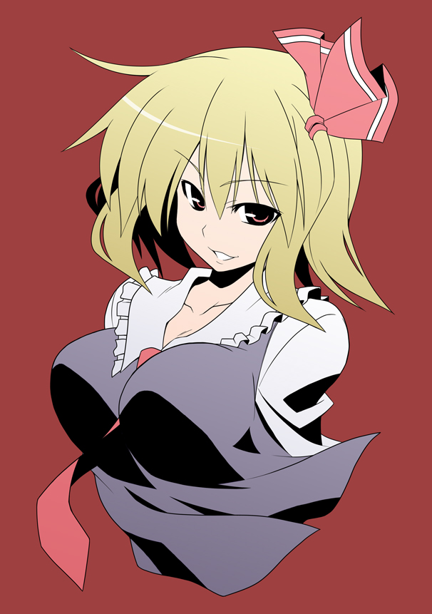 souto, rumia, embodiment of scarlet devil, touhou, bad id, bad pixiv id, 1girl, between breasts, blonde hair, breasts, brown eyes, female focus, hair ribbon, large breasts, looking at viewer, necktie, red eyes, red necktie, ribbon, solo