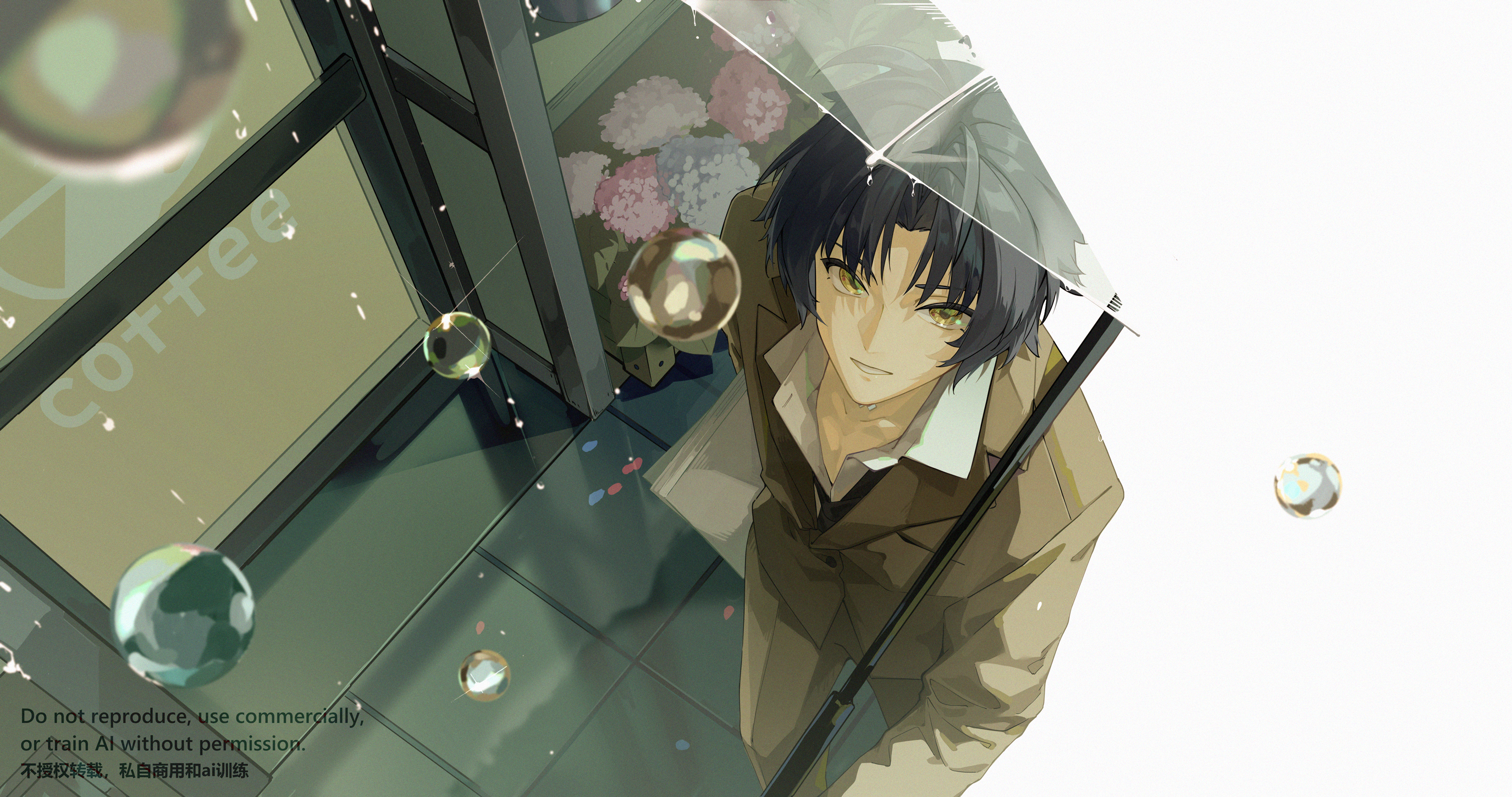 bingzhen h2o, asaba harumasa, zenless zone zero, commentary request, highres, 1boy, black hair, black necktie, blue flower, blurry, blurry foreground, brown jacket, brown pants, cafe, collarbone, door, flower, from above, holding, holding umbrella, jacket, looking at viewer, looking up, male focus, necktie, outdoors, pants, parted bangs, parted lips, petals, pink flower, rain, shirt, short hair, solo, transparent, transparent umbrella, umbrella, water drop, watermark, white flower, white shirt, yellow eyes