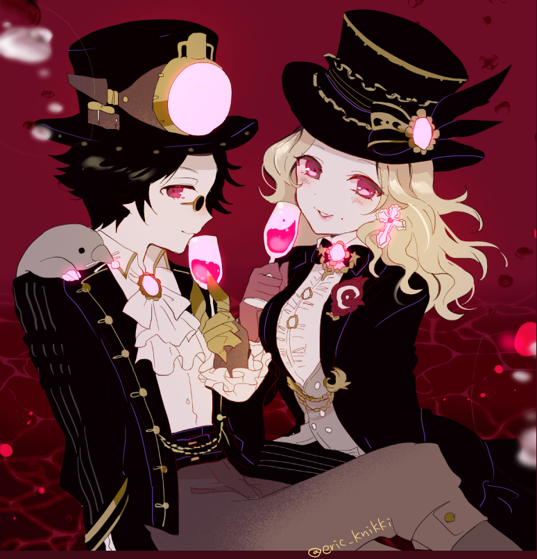 eric knikki, demi bourbon, demi bourbon (true proof), norton campbell, norton campbell (mr. mole), identity v, 1boy, 1girl, black hair, black jacket, blonde hair, brown gloves, brown pants, claws, cross, cross earrings, cup, earrings, formal clothes, glasses, gloves, glowing gem, green eyes, grey vest, hat, hat lantern, holding, holding cup, jacket, jewelry, lapel chain, looking at viewer, mole, mole on cheek, official alternate costume, pants, pince-nez, shirt, single earring, sitting, suit, top hat, twitter username, vest, wavy hair, white shirt