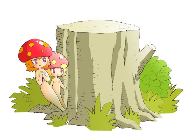 pukao, matango, tagme, 2girls, flat chest, happy, loli, monster girl, multiple girls, mushroom, mushroom girl, nude, open mouth, plant, red eyes, short hair, smile, tree stump, white background