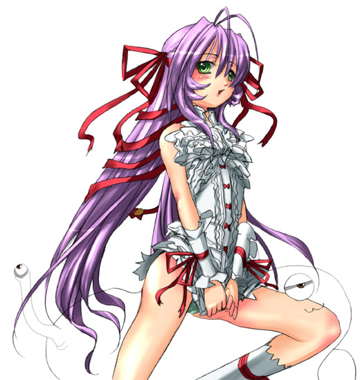 shinjin marimo, al azif (demonbane), demonbane, 00s, antenna hair, blush, green eyes, hair ribbon, long hair, panties, pantyshot, purple hair, ribbon, solo, underwear, wrist cuffs