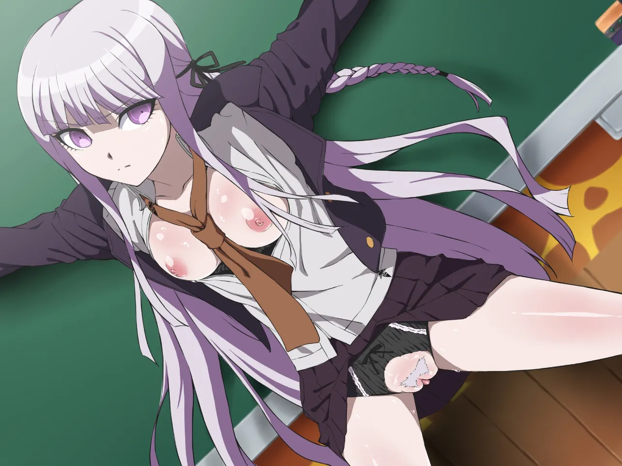uguisu (happy turn), kirigiri kyoko, danganronpa (series), decensored, non-web source, third-party edit, 1girl, angry, bdsm, black panties, bondage, bound, braid, breasts, breasts out, classroom, crotchless, crotchless panties, female pubic hair, humiliation, imminent rape, jacket, long hair, medium breasts, necktie, nipples, open clothes, open jacket, panties, pleated skirt, pubic hair, purple eyes, purple hair, serious, shirt, single braid, skirt, underwear, white shirt