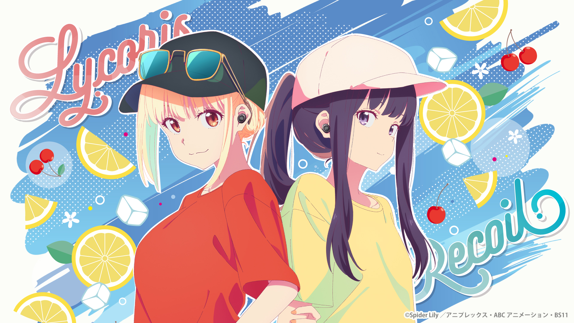inoue takina, nishikigi chisato, lycoris recoil, highres, official art, 2girls, alternate hairstyle, baseball cap, black hair, blonde hair, blue background, cherry, closed mouth, copyright name, cube, earphones, earpiece, eyewear on head, eyewear on headwear, food, fruit, hat, ice, ice cube, lemon, lemon slice, long hair, looking at viewer, multiple girls, ponytail, purple eyes, red eyes, red shirt, shirt, short hair, short sleeves, sidelocks, smile, sunglasses, upper body, yellow shirt