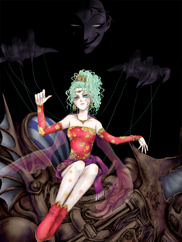 ai (ai1470), cefca palazzo, tina branford, final fantasy, final fantasy vi, 1990s (style), detached sleeves, green eyes, green hair, hair ornament, jewelry, magitek armor, mind control, necklace, pantyhose, ponytail, string