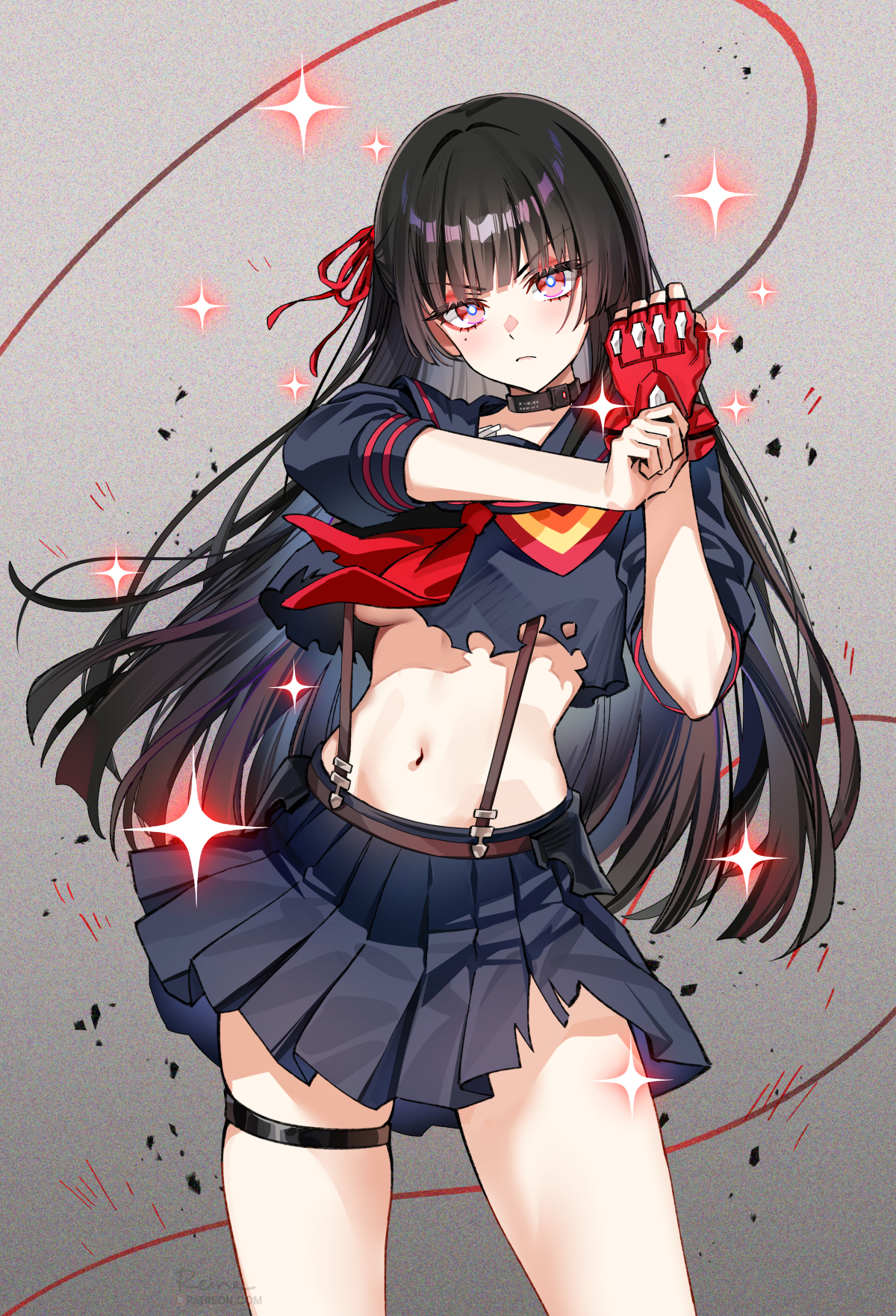 foxyreine, chisa (wuthering waves), matoi ryuuko, senketsu, kill la kill, wuthering waves, commentary request, highres, partial commentary, 1girl, black choker, black hair, black serafuku, black skirt, breasts, choker, closed mouth, collarbone, cosplay, film grain, fingerless gloves, gloves, grey background, hair ribbon, light blush, long hair, looking at viewer, matoi ryuuko (cosplay), mole, mole under eye, navel, red eyes, red gloves, red ribbon, ribbon, school uniform, serafuku, shirt, signature, single fingerless glove, skirt, solo, stomach, suspender skirt, suspenders, thigh strap, thighs, torn clothes, torn shirt, underboob, v-shaped eyebrows