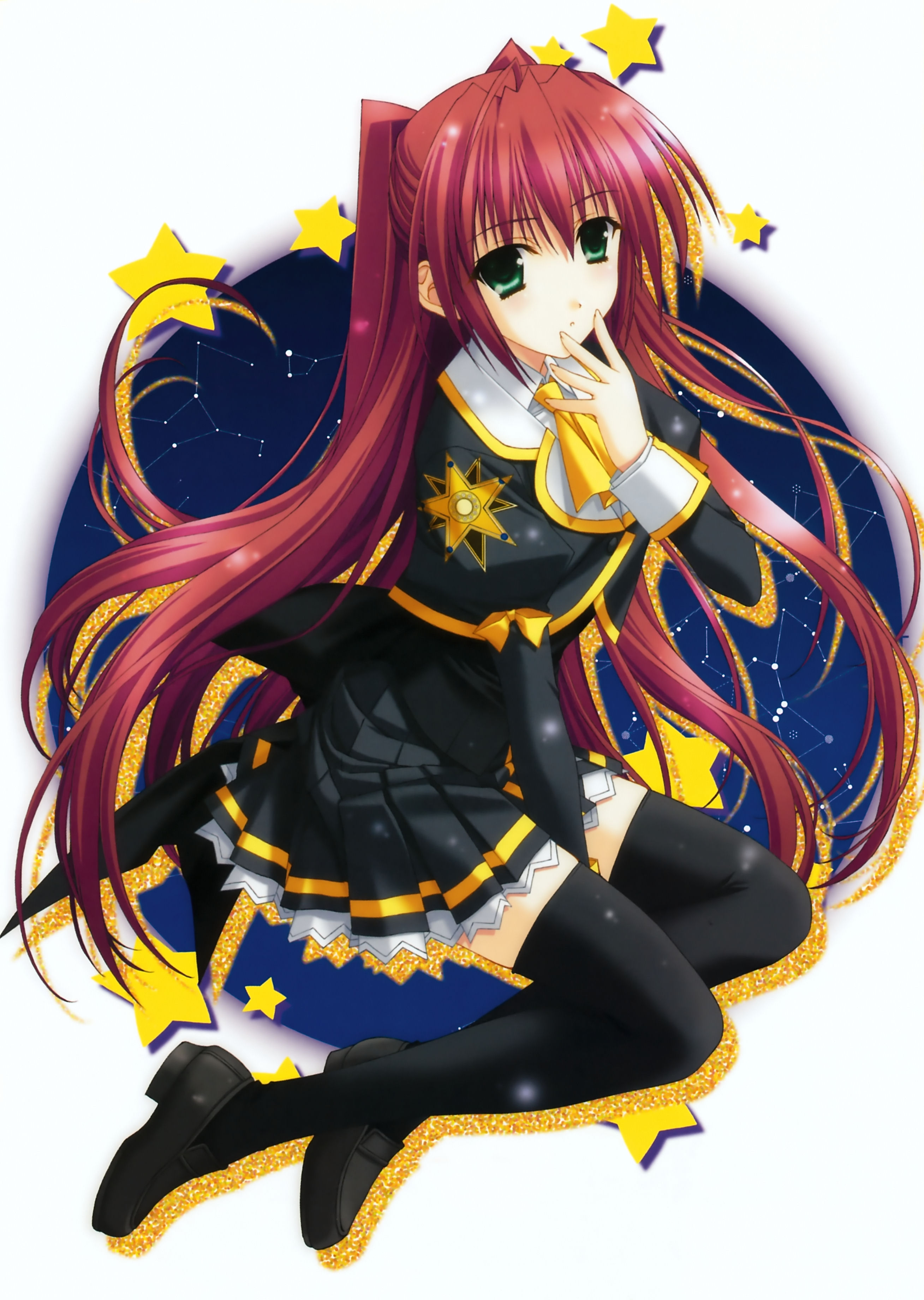 kimizuka aoi, izumi sora, stellar theater, absurdres, highres, 1girl, black shoes, black thighhighs, female focus, green eyes, long hair, red hair, school uniform, shoes, solo, thighhighs