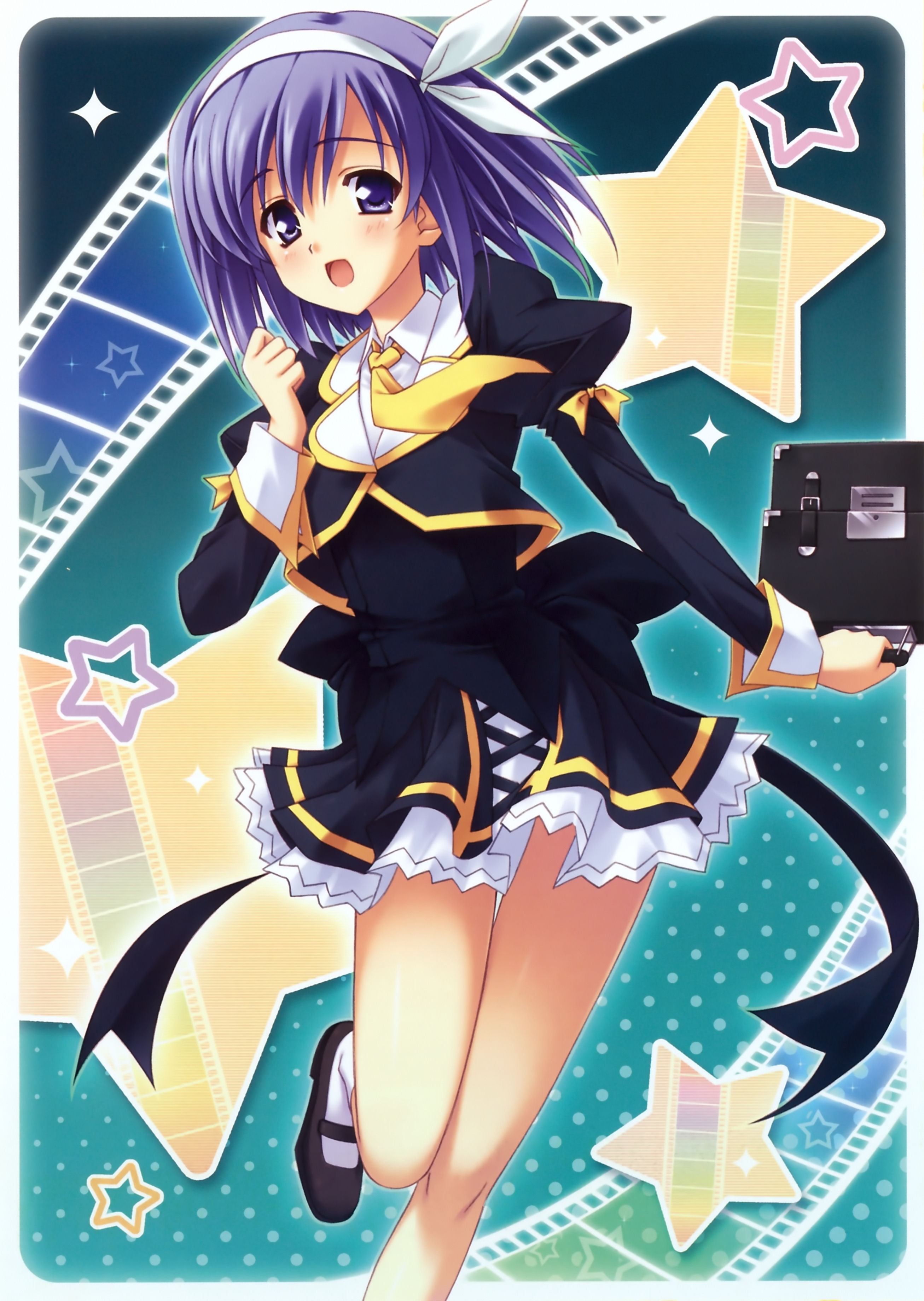 kusukusu, tachibana satsuki, stellar theater, absurdres, highres, 1girl, bow, briefcase, female focus, hair bow, purple eyes, purple hair, school uniform, short hair, solo