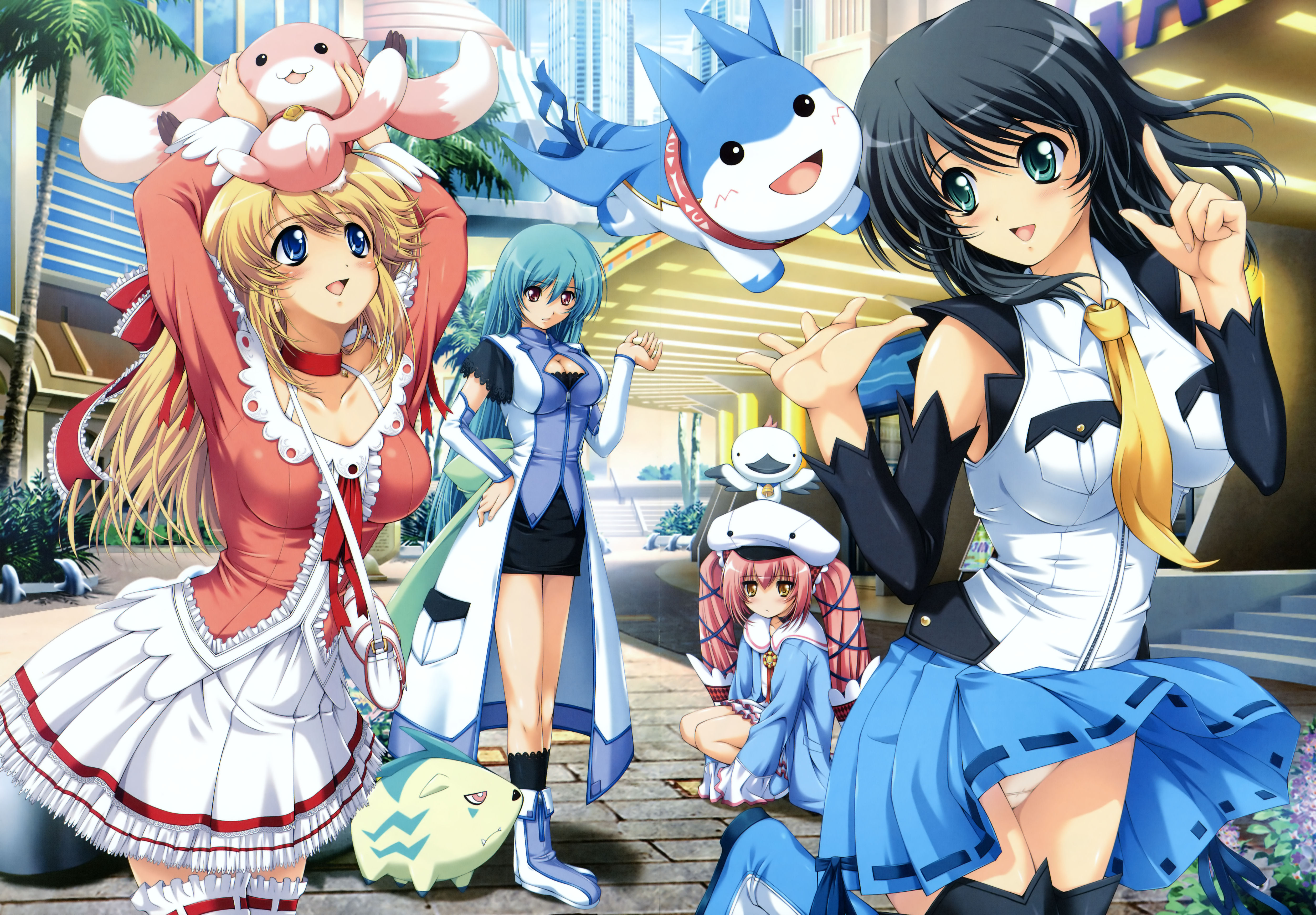 mizunezumi, ahiruru (otome renshin prister), meirin mashiro, ranka shirogane, rarot (otome renshin prister), ryukkuu (otome renshin prister), shishimoto (otome renshin prister), soshia ryuusouji, sunday kunou, otome renshin prister, otome renshin prister fan disc, lights, white legwear, absurdres, highres, official art, scan, 4girls, :d, age difference, ahoge, animal, ankle boots, aqua eyes, aqua hair, arms up, bag, black hair, black socks, blonde hair, blue eyes, blue hair, blush, boots, breasts, brick floor, building, carrying, choker, cleavage, cleavage cutout, clothes lift, clothing cutout, collar, crease, day, detached sleeves, flat chest, frills, green eyes, hair between eyes, hair ribbon, hand on own hip, handbag, happy, hat, index finger raised, kneehighs, lace, large breasts, leg up, long hair, long sleeves, looking at viewer, miniskirt, multiple girls, necktie, open mouth, outdoors, palm tree, panties, pantyshot, pencil skirt, pink hair, pleated skirt, pocket, purple eyes, red eyes, ribbon, ribbon-trimmed legwear, ribbon-trimmed skirt, ribbon trim, sailor collar, shadow, skirt, skirt lift, skirt set, skyscraper, sleeves past wrists, smile, socks, squatting, stairs, standing, thighhighs, tree, turtleneck, twintails, underwear, white panties, wind, wind lift, yellow eyes, zipper