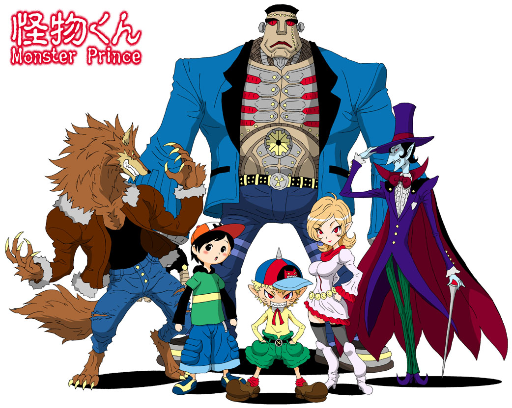 waku jinpei, dracula, frankenstein's monster, ichikawa hiroshi, kaibutsu tarou, kaiko-chan, frankenstein, kaibutsu-kun, 1girl, 5boys, black thighhighs, blonde hair, boots, cane, cape, copyright name, dress, furry, furry male, hand on own hip, hands in pockets, hat, high heel boots, high heels, knee boots, multiple boys, pointy ears, red eyes, sharp teeth, shorts, teeth, thighhighs, vampire, werewolf