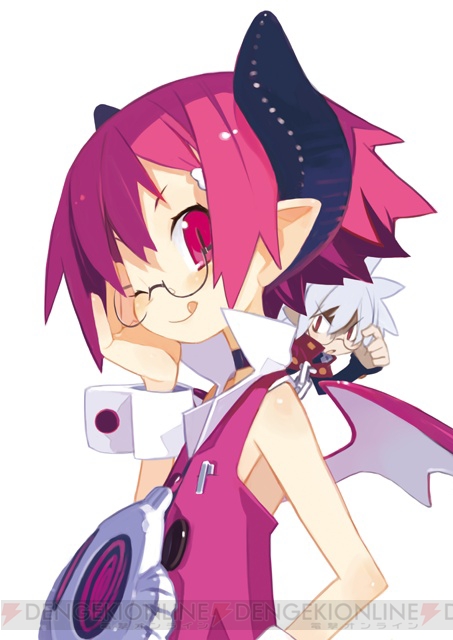 harada takehito, mao (disgaea), raspberyl, disgaea, makai senki disgaea 3, 1boy, 1girl, :q, adjusting eyewear, angry, bat wings, black wings, demon, glasses, happy, horns, looking at viewer, one eye closed, pink eyes, pink hair, red eyes, round eyewear, short hair, simple background, smile, tongue, tongue out, white background, white hair, wings, wink