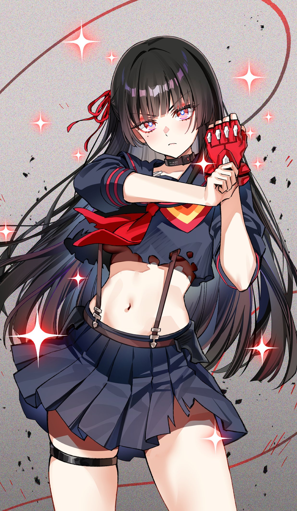 foxyreine, chisa (wuthering waves), matoi ryuuko, senketsu, kill la kill, wuthering waves, commentary, highres, 1girl, black choker, black hair, black serafuku, black skirt, breasts, choker, closed mouth, collarbone, cosplay, film grain, fingerless gloves, gloves, grey background, hair ribbon, light blush, long hair, looking at viewer, matoi ryuuko (cosplay), mole, mole under eye, navel, red eyes, red gloves, red ribbon, ribbon, school uniform, serafuku, shirt, signature, single fingerless glove, skirt, solo, stomach, suspender skirt, suspenders, thigh strap, thighs, torn clothes, torn shirt, undershirt, v-shaped eyebrows