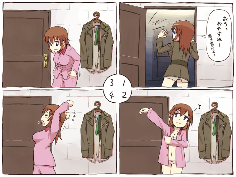 papa (shimeguru), charlotte e. yeager, strike witches, world witches series, translated, 00s, 1girl, 4koma, bow, bow panties, bra, brown hair, comic, dressing, musical note, pajamas, panties, pants, pink bra, pink panties, quaver, stretching, underwear, yawning