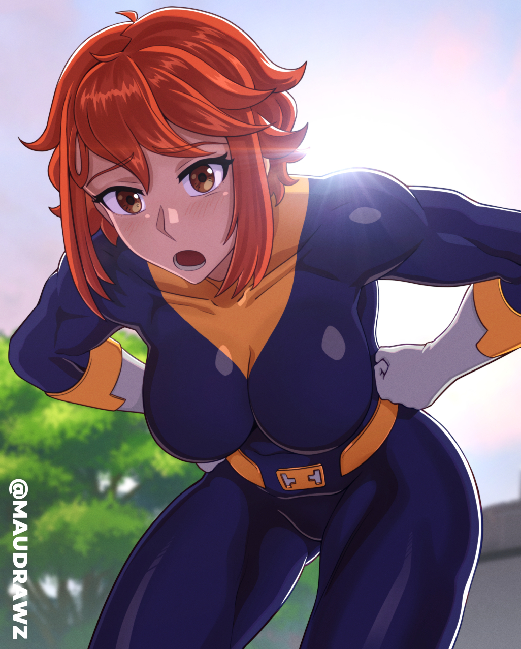 maudrawz, hope griffin (browntable), 1girl, bodysuit, breasts, brown eyes, brown hair, large breasts, leaning forward, looking at viewer, open mouth, solo