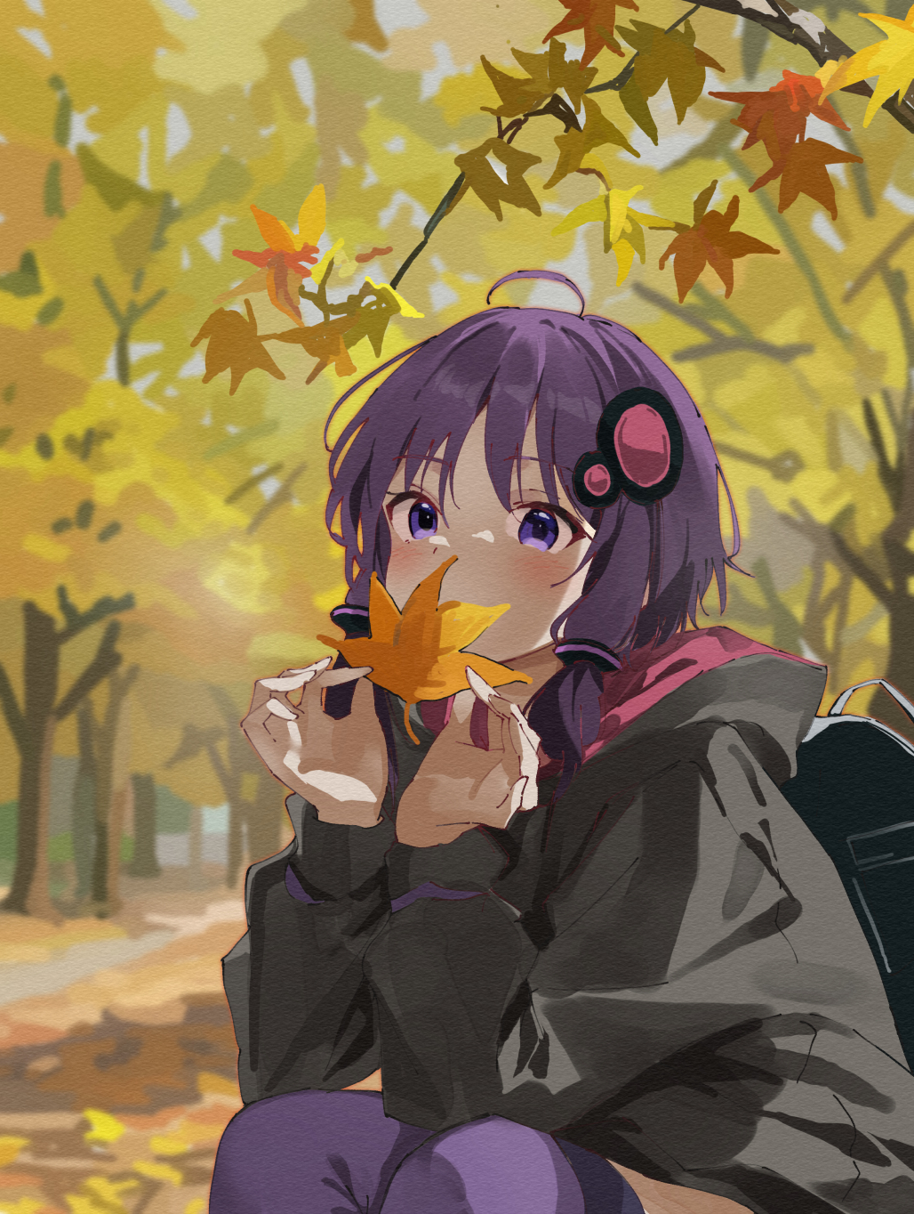 lamb (hitsujiniku), yuzuki yukari, vocaloid, voiceroid, commentary request, highres, 1girl, ahoge, autumn leaves, backpack, bag, black jacket, blush, branch, covered mouth, day, hair ornament, holding, holding leaf, hood, hood down, hooded jacket, jacket, leaf, long hair, long sleeves, outdoors, puffy long sleeves, puffy sleeves, purple eyes, purple hair, purple thighhighs, solo, squatting, thighhighs, tree