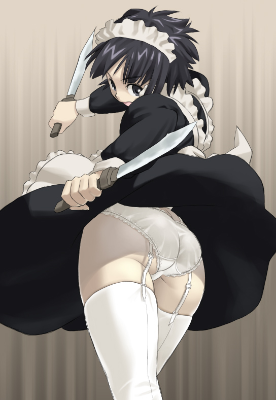 you2, shirley medison, shirley (manga), 1girl, apron, ass, back, black eyes, black hair, black theme, butt crack, dress, dual wielding, frills, garter belt, garter straps, holding, knife, lace, lace-trimmed panties, lace trim, looking back, maid, maid apron, maid headdress, panties, pantyshot, short hair, standing, thighhighs, underwear, upskirt, white panties, white thighhighs, wind, wind lift