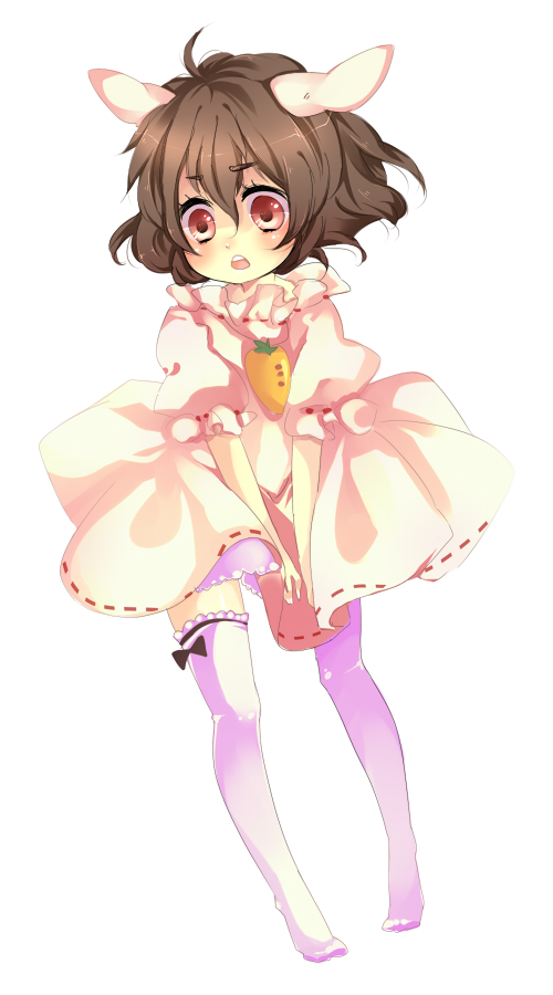 mata, inaba tewi, touhou, 1girl, animal ears, brown hair, carrot, female focus, full body, rabbit ears, red eyes, short hair, simple background, solo, thighhighs, white background