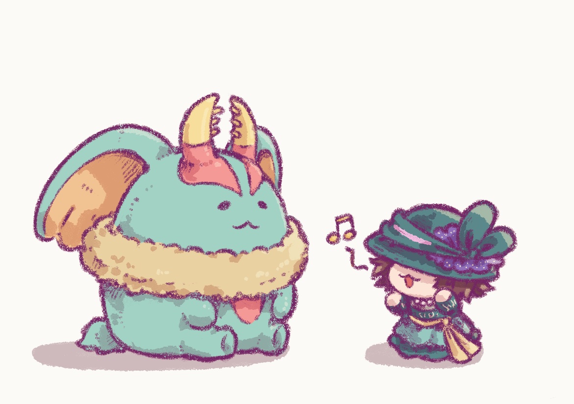 nanami (13mimi), fecto elfilis, neichel (kirby), kirby (series), kirby and the forgotten land, nintendo, 1girl, :3, brown hair, chibi, covered eyes, dress, green dress, green hat, hat, musical note, short hair