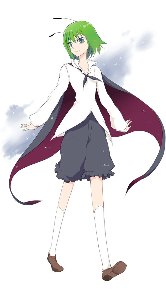 haruno tomoya, mr. yacchatta, wriggle nightbug, touhou, bad id, bad pixiv id, 1girl, antennae, cape, female focus, full body, green eyes, green hair, kneehighs, matching hair/eyes, short hair, socks, solo, white background