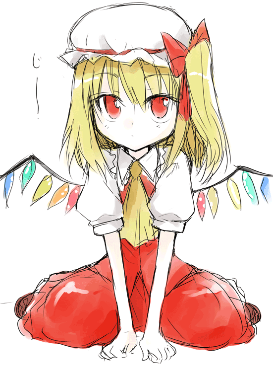haruno tomoya, mr. yacchatta, flandre scarlet, touhou, bad id, bad pixiv id, 1girl, blonde hair, bow, female focus, hat, kneeling, one side up, red eyes, short hair, side ponytail, sitting, sketch, solo, staring, v arms, wariza, wings