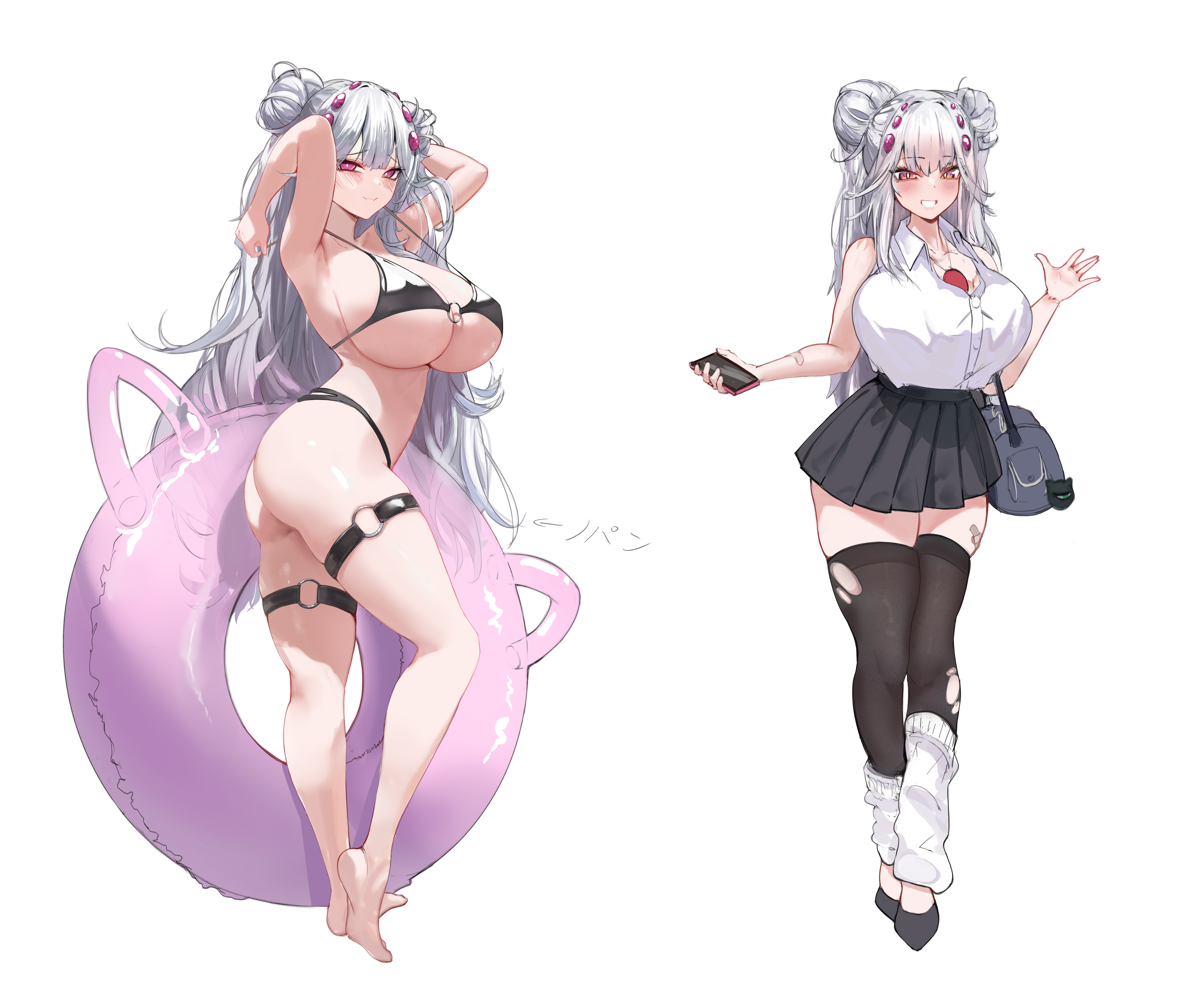 kakuseikakusei, ranea argent, original, absurdres, highres, bag, bare shoulders, barefoot, blush, breasts, cellphone, cleavage, collarbone, feet, full body, hair ornament, large breasts, long hair, looking at viewer, loose socks, phone, school bag, school uniform, shirt, shoulder bag, skirt, smartphone, smile, socks, standing, swim ring, swimsuit, tented shirt, thigh strap, thighhighs, thighs, virtual youtuber, white shirt