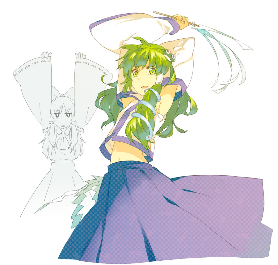 minakata sunao, hakurei reimu, kochiya sanae, touhou, 2girls, armpits, arms up, ascot, bow, detached sleeves, female focus, frog hair ornament, gohei, green eyes, green hair, greyscale, hair bow, hair ornament, hair tubes, holding, japanese clothes, long hair, looking at viewer, miko, monochrome, multiple girls, navel, open mouth, ribbon trim, sarashi, shide, skirt, snake, snake hair ornament, stomach, white background