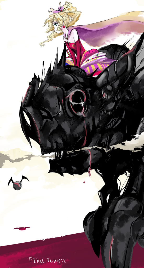 haruno tomoya, mr. yacchatta, tina branford, final fantasy, final fantasy vi, bad id, bad pixiv id, 1990s (style), blonde hair, cape, detached sleeves, green eyes, hair ornament, magitek armor, ponytail, retro artstyle, solo