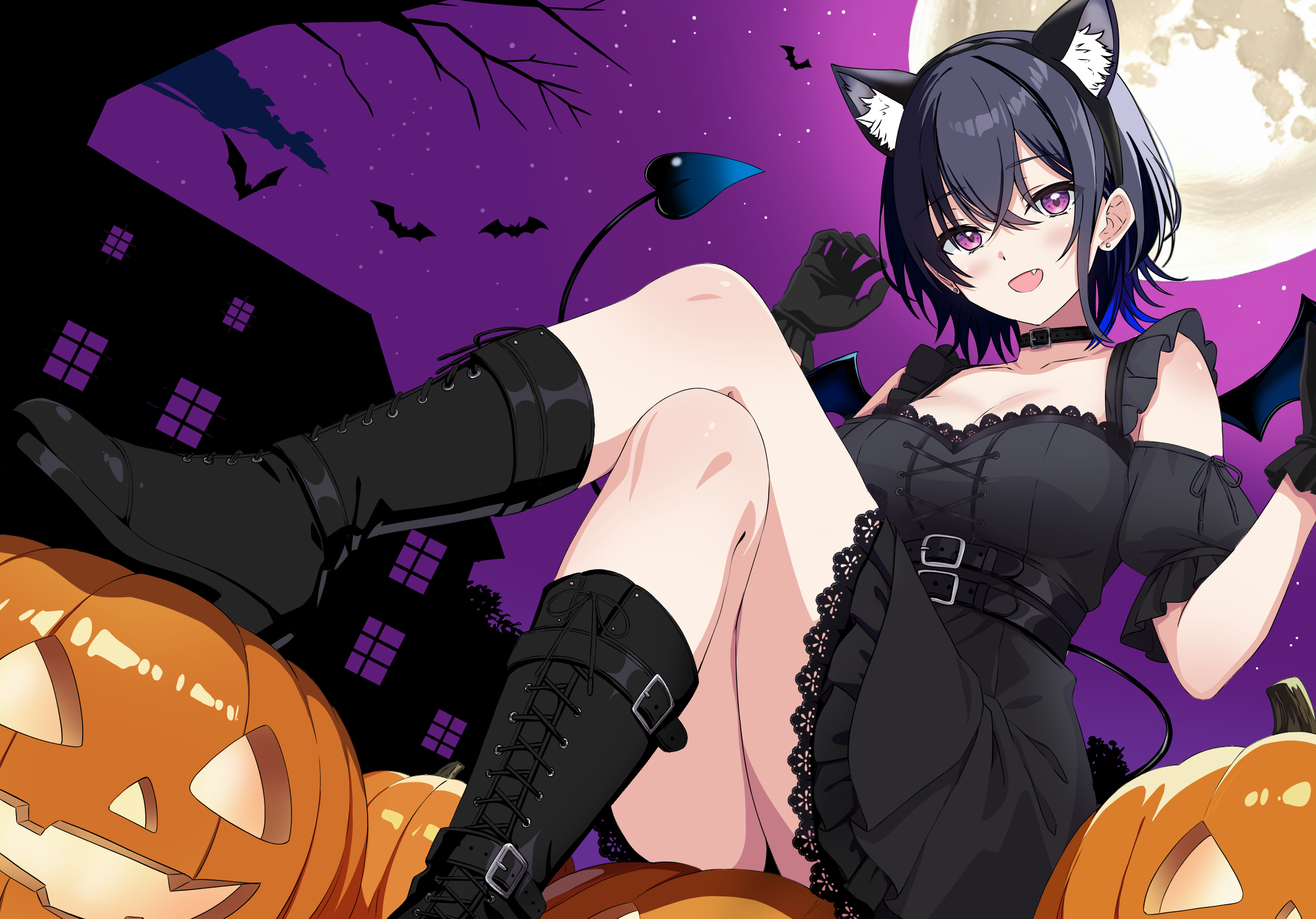 eqbal lynx, ichinose uruha, vspo!, highres, 1girl, animal ear hairband, animal ears, bat (animal), belt, black belt, black boots, black collar, black dress, black gloves, black hair, black panties, black tail, black wings, blue hair, blue tail, blue wings, boots, breasts, cat ears, collar, crossed bangs, crossed legs, demon girl, dress, earrings, fake animal ears, fang, full moon, gloves, gradient hair, gradient tail, gradient wings, hairband, halloween, jack-o'-lantern, jewelry, lace, lace-trimmed dress, lace trim, legs, looking at viewer, medium breasts, mini wings, moon, multicolored hair, multicolored wings, night, open mouth, panties, puffy short sleeves, puffy sleeves, pumpkin, purple eyes, purple sky, short dress, short hair, short sleeves, sitting, sky, smile, solo, star (sky), starry sky, stud earrings, thighs, underbust, underwear, virtual youtuber, wings