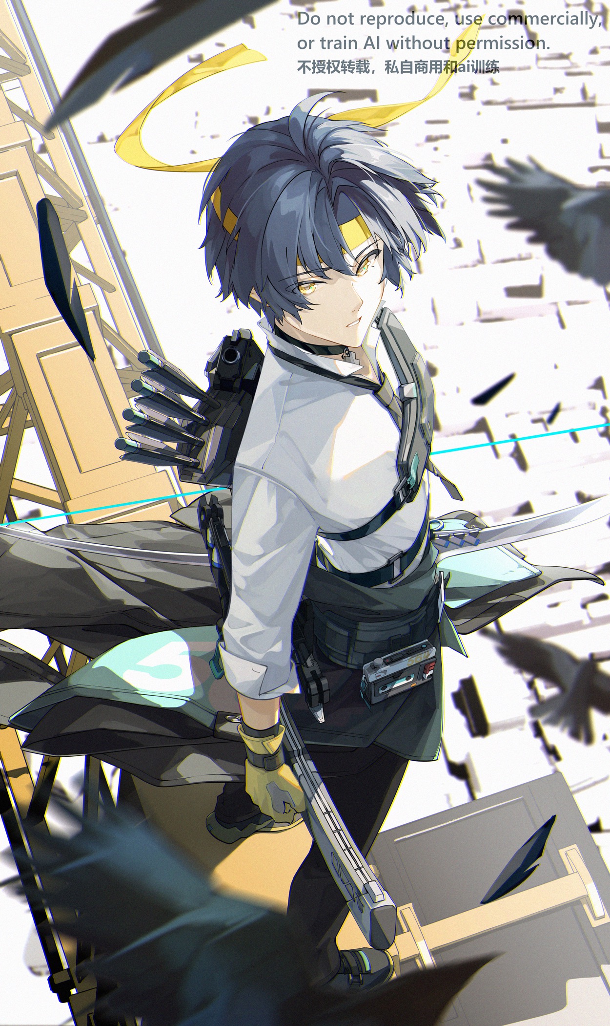 bingzhen h2o, asaba harumasa, zenless zone zero, commentary request, highres, 1boy, armor, arrow (projectile), bird, black choker, black hair, black necktie, blurry, blurry foreground, bow (weapon), choker, clothes around waist, crane (machine), crow, falling feathers, feathers, from above, gloves, headband, high up, looking at viewer, looking up, male focus, motion blur, necktie, outdoors, parted bangs, parted lips, quiver, shirt, short hair, shoulder armor, sleeves rolled up, solo, weapon, white shirt, yellow eyes, yellow gloves, yellow headband